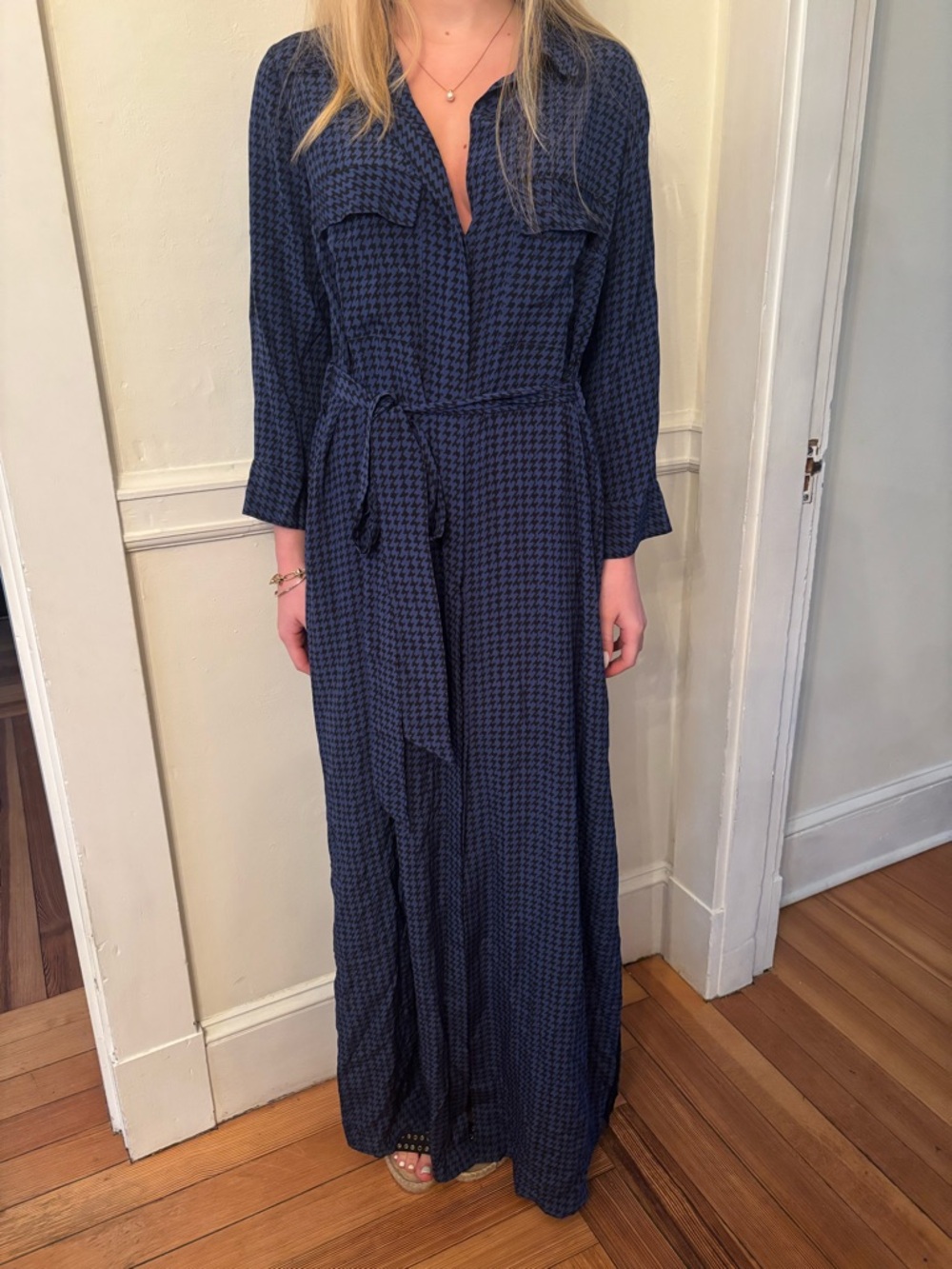L'AGENCE Navy Houndstooth Maxi Shirt Dress with Belt Silk